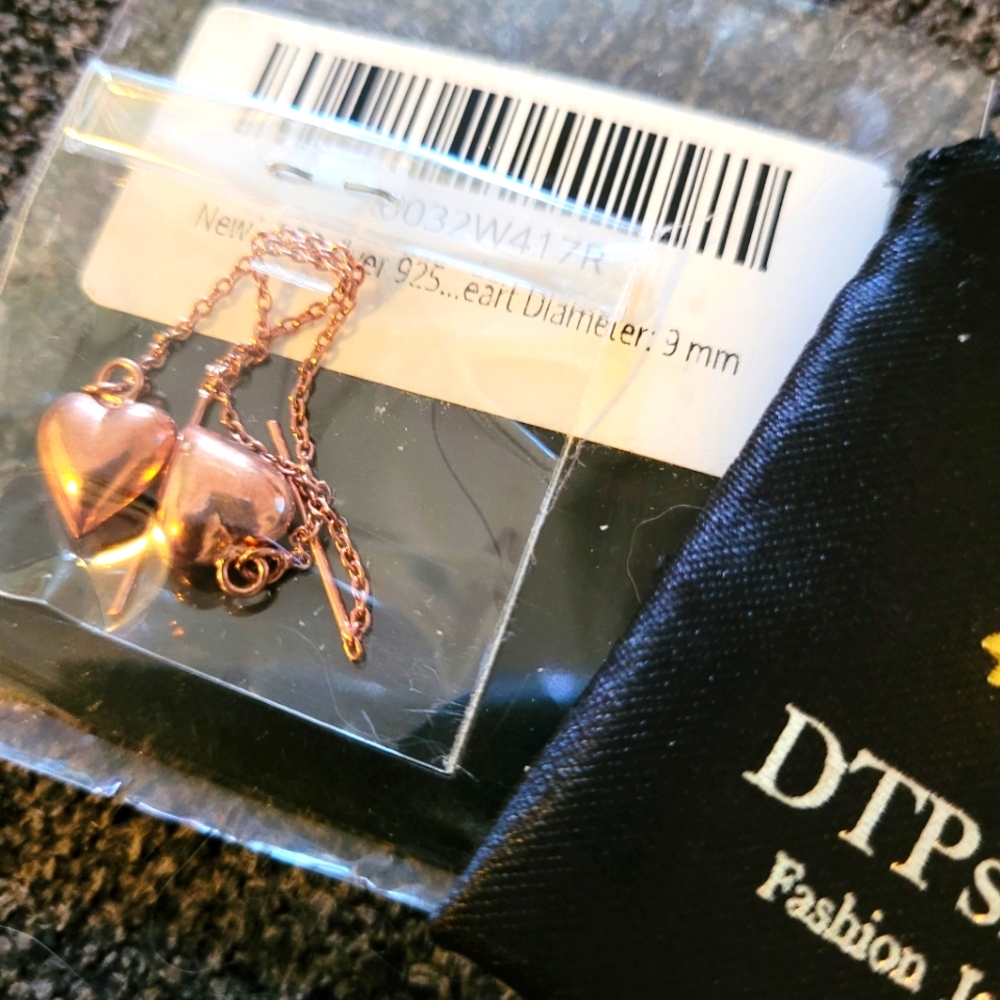 NEW 925, 18k rose gold plated heart pull-thru drop earrings